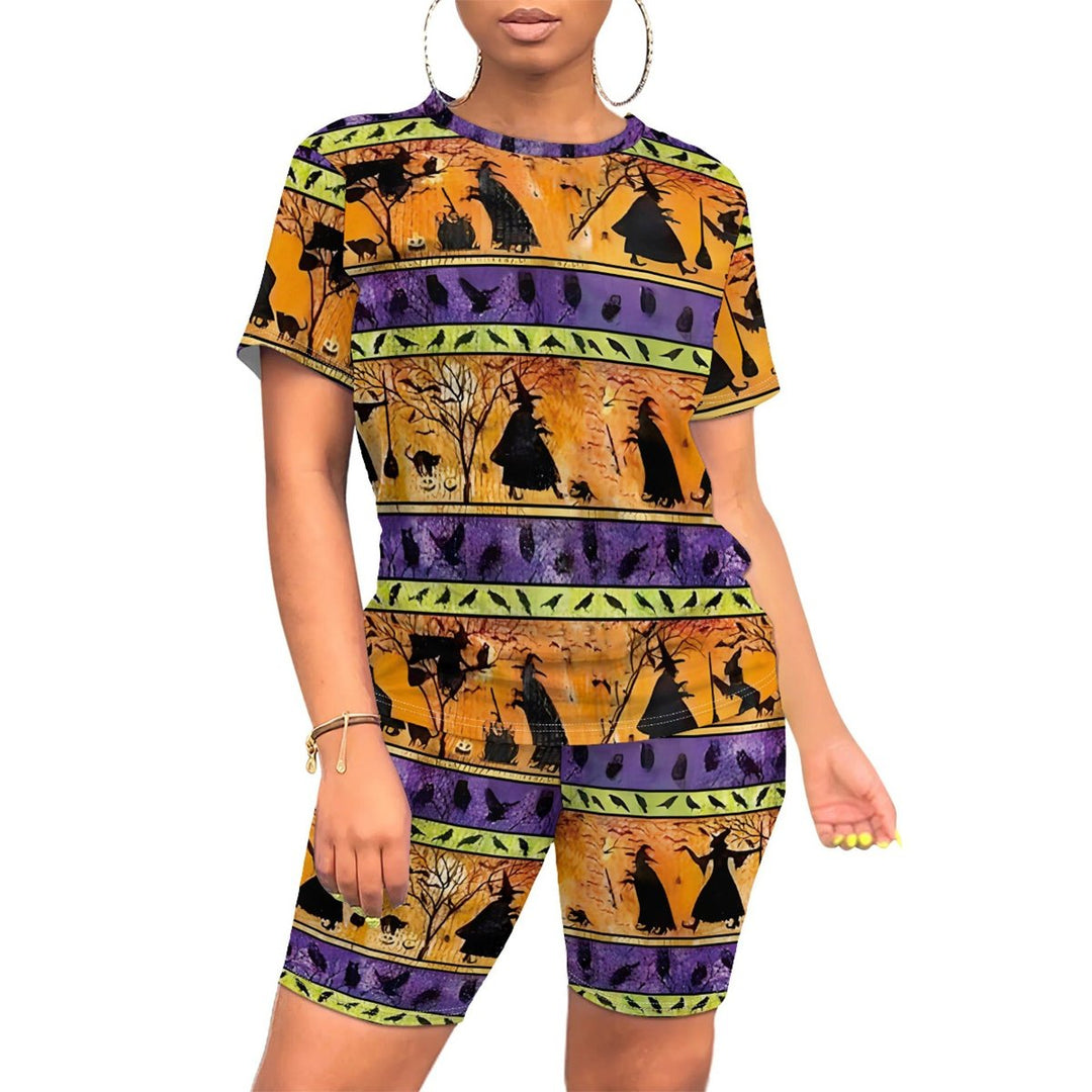 Women's Halloween Witch Print Two-Piece Short Sleeve Top Biker Shorts Set