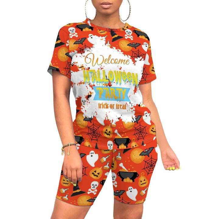 Women's Halloween Witch Print Two-Piece Short Sleeve Top Biker Shorts Set - Orange White