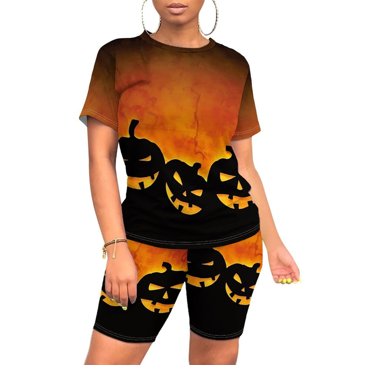 Women's Halloween Witch Print Two-Piece Short Sleeve Top Biker Shorts Set - Black Orange