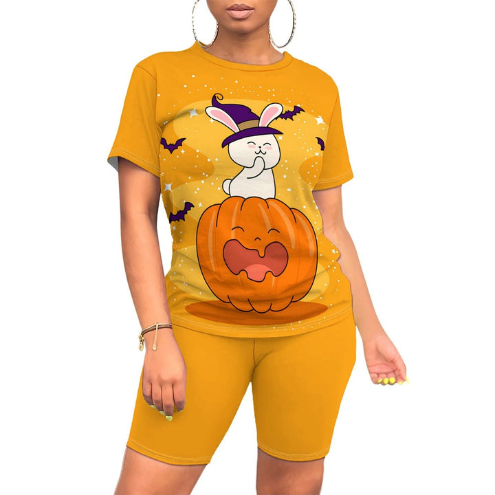 Women's Halloween Witch Print Two-Piece Short Sleeve Top Biker Shorts Set - Orange