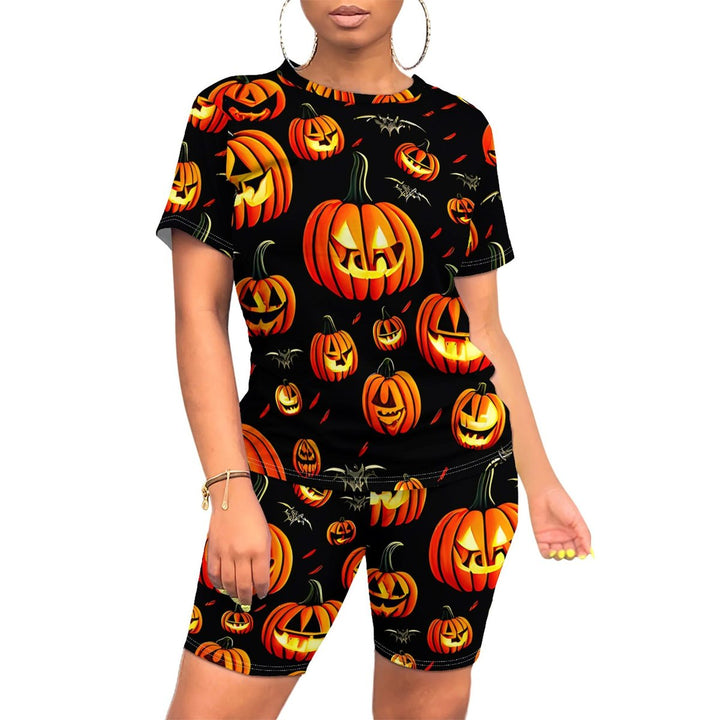 Women's Halloween Witch Print Two-Piece Short Sleeve Top Biker Shorts Set - Black