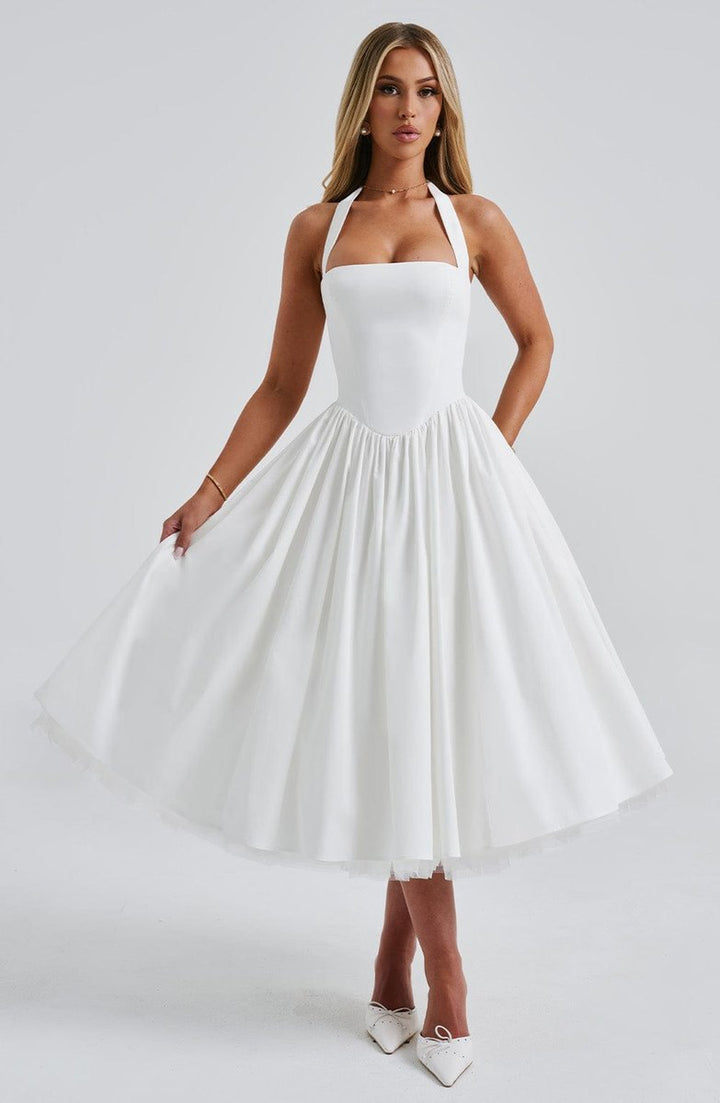 Women's Halter Neck A-Line Midi Fall Wedding Guest Dress