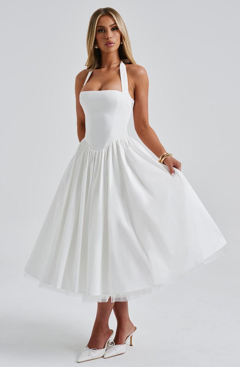 Women's Halter Neck A-Line Midi Fall Wedding Guest Dress