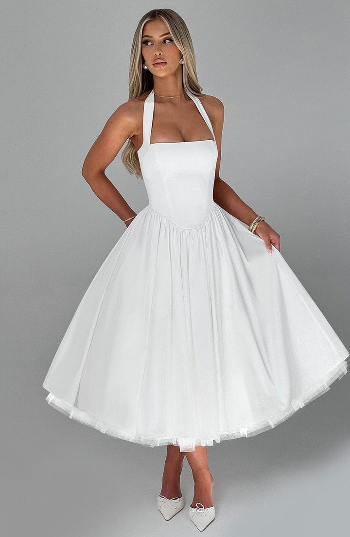 Women's Halter Neck A-Line Midi Fall Wedding Guest Dress