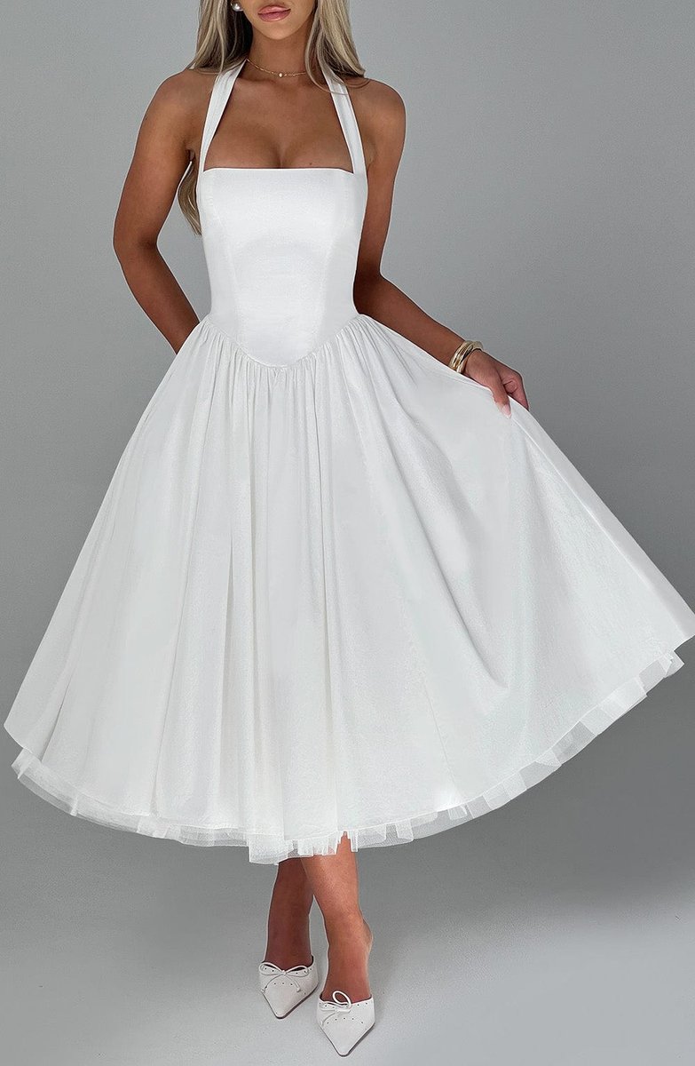 Women's Halter Neck A-Line Midi Fall Wedding Guest Dress