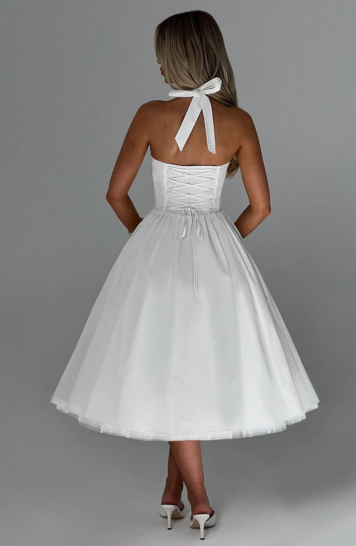 Women's Halter Neck A-Line Midi Fall Wedding Guest Dress