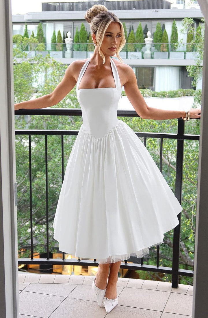 Women's Halter Neck A-Line Midi Fall Wedding Guest Dress
