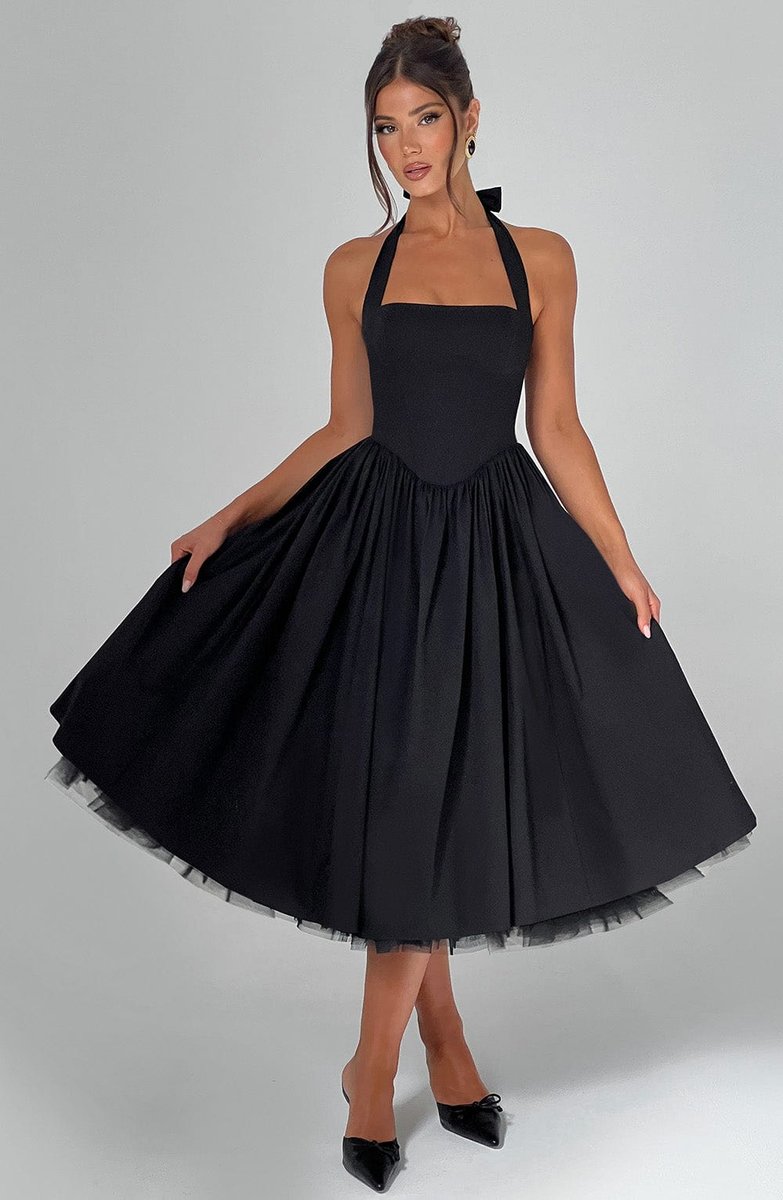 Women's Halter Neck A-Line Midi Fall Wedding Guest Dress