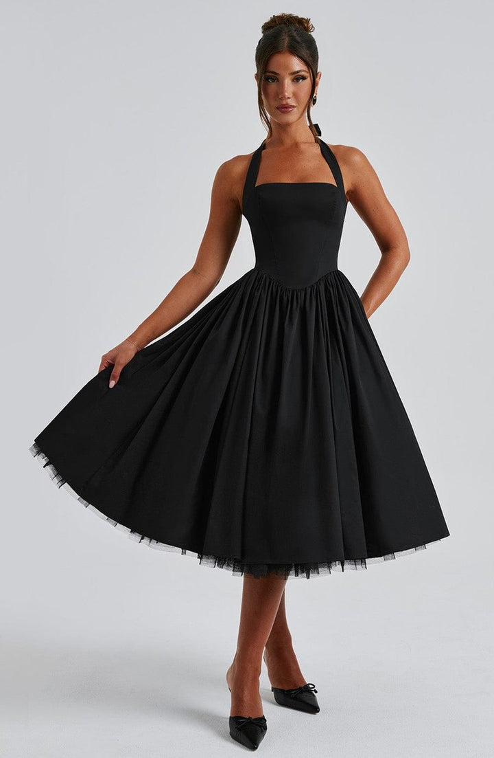 Women's Halter Neck A-Line Midi Fall Wedding Guest Dress
