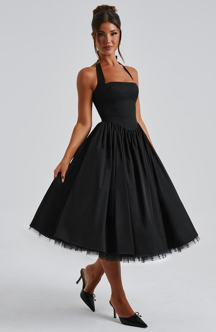 Women's Halter Neck A-Line Midi Fall Wedding Guest Dress