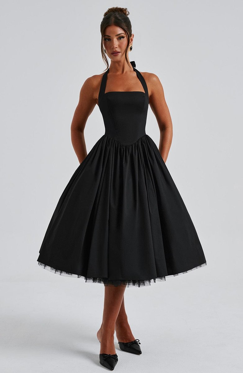 Women's Halter Neck A-Line Midi Fall Wedding Guest Dress