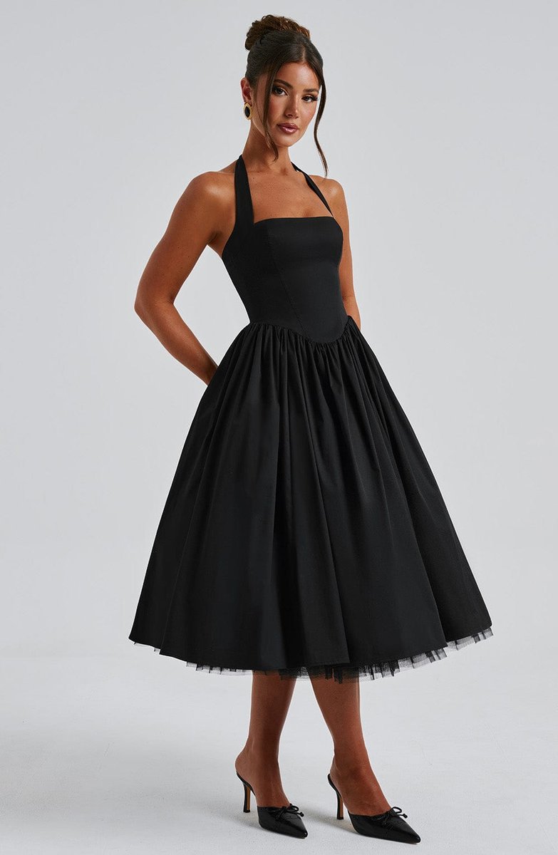 Women's Halter Neck A-Line Midi Fall Wedding Guest Dress