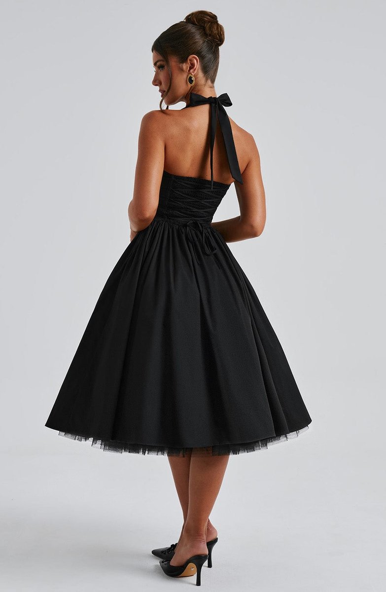 Women's Halter Neck A-Line Midi Fall Wedding Guest Dress