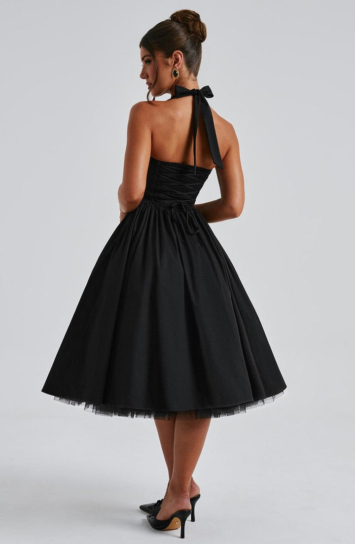 Women's Halter Neck A-Line Midi Fall Wedding Guest Dress