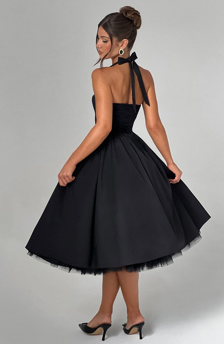 Women's Halter Neck A-Line Midi Fall Wedding Guest Dress