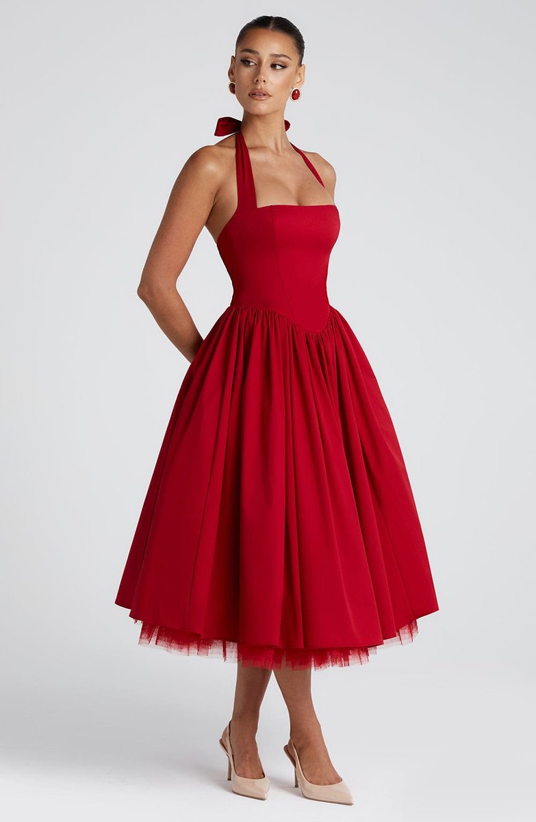 Women's Halter Neck A-Line Midi Fall Wedding Guest Dress