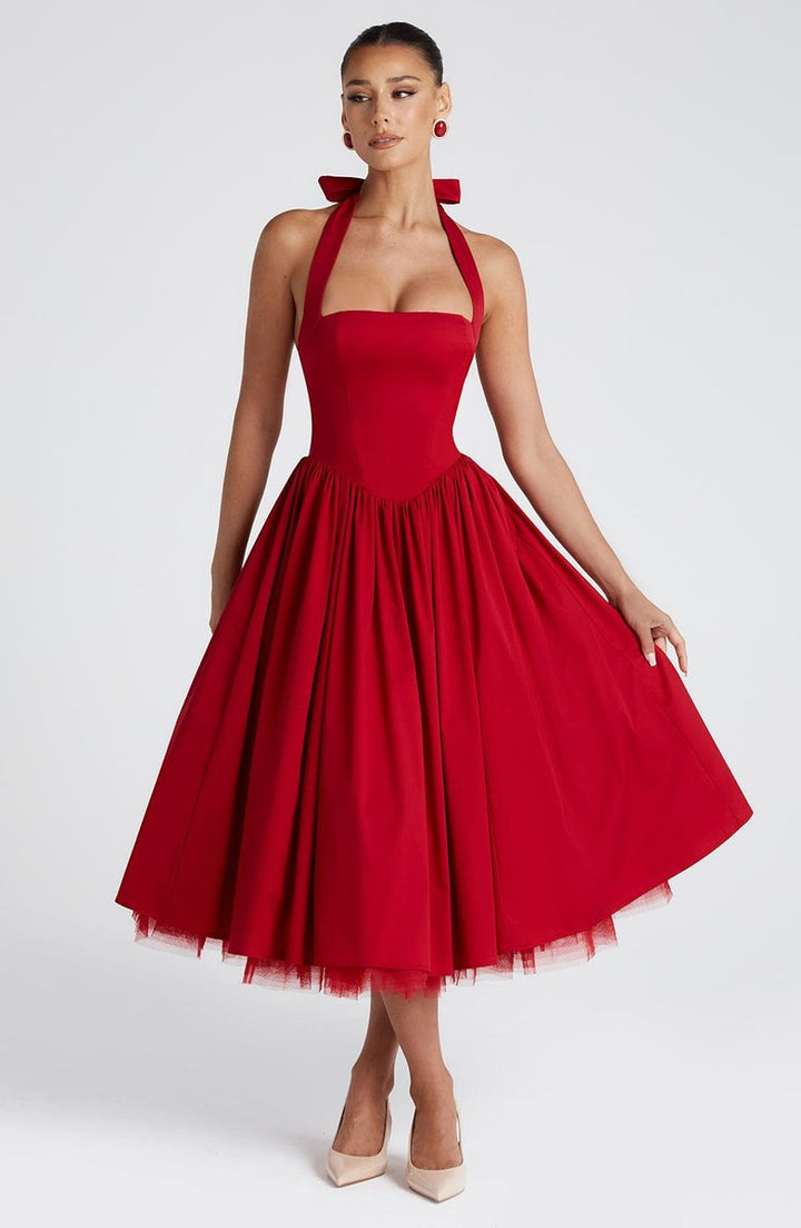 Women's Halter Neck A-Line Midi Fall Wedding Guest Dress