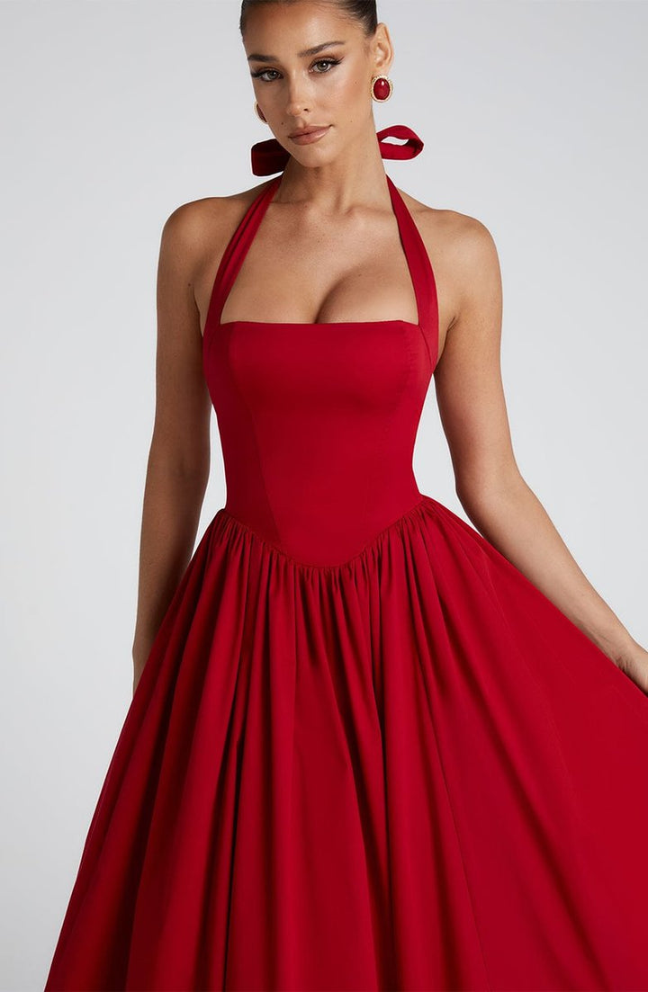 Women's Halter Neck A-Line Midi Fall Wedding Guest Dress