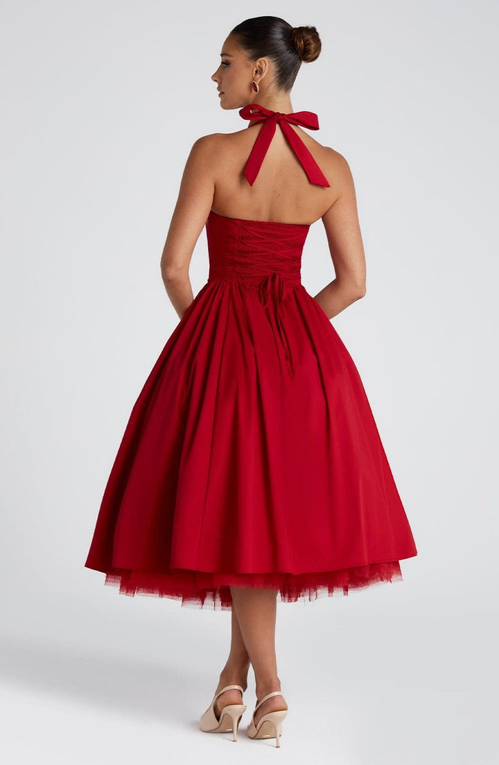 Women's Halter Neck A-Line Midi Fall Wedding Guest Dress