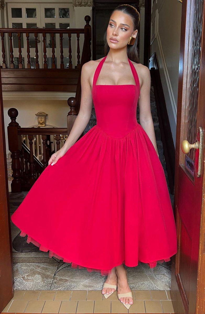 Women's Halter Neck A-Line Midi Fall Wedding Guest Dress
