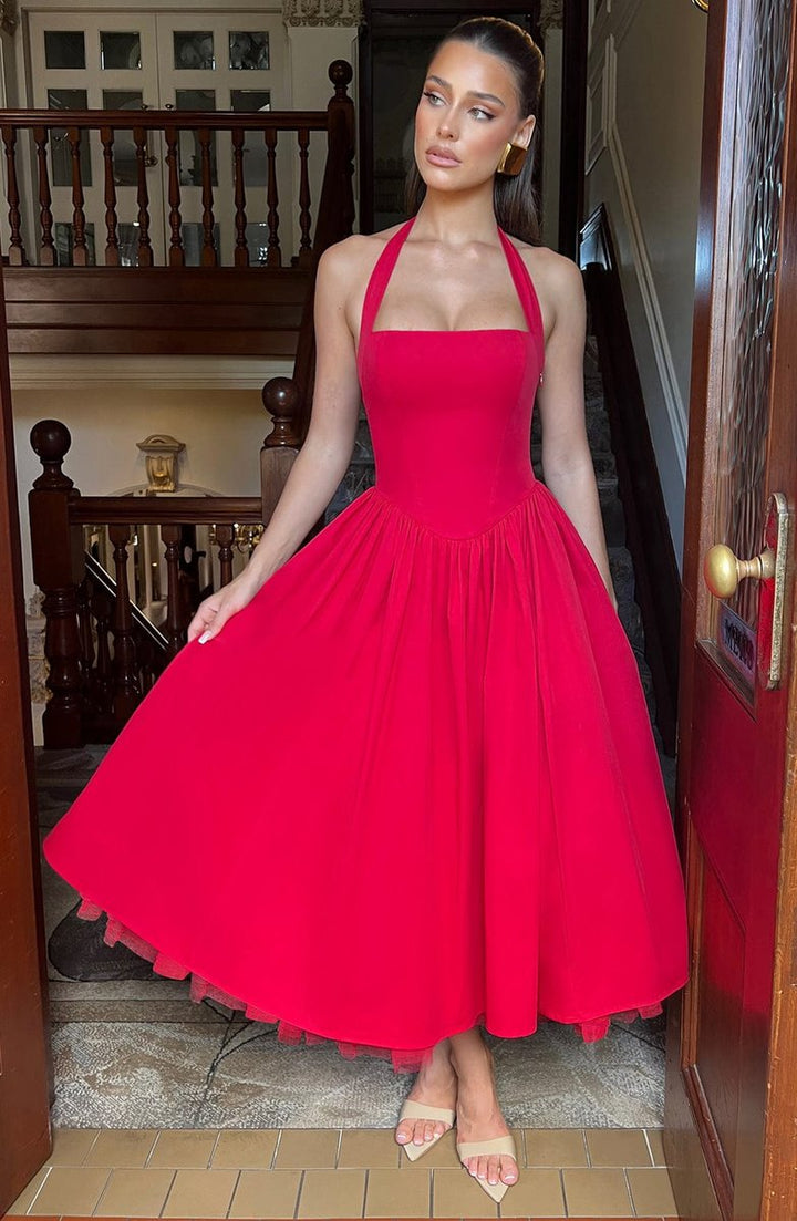 Women's Halter Neck A-Line Midi Fall Wedding Guest Dress