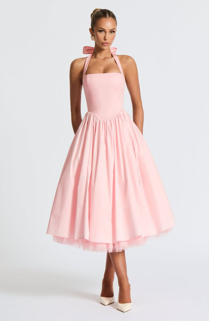 Women's Halter Neck A-Line Midi Fall Wedding Guest Dress