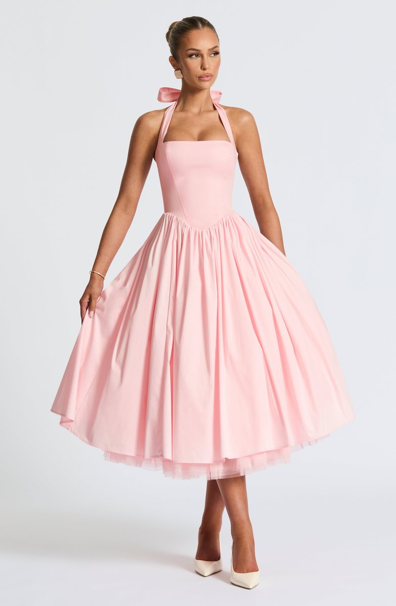 Women's Halter Neck A-Line Midi Fall Wedding Guest Dress