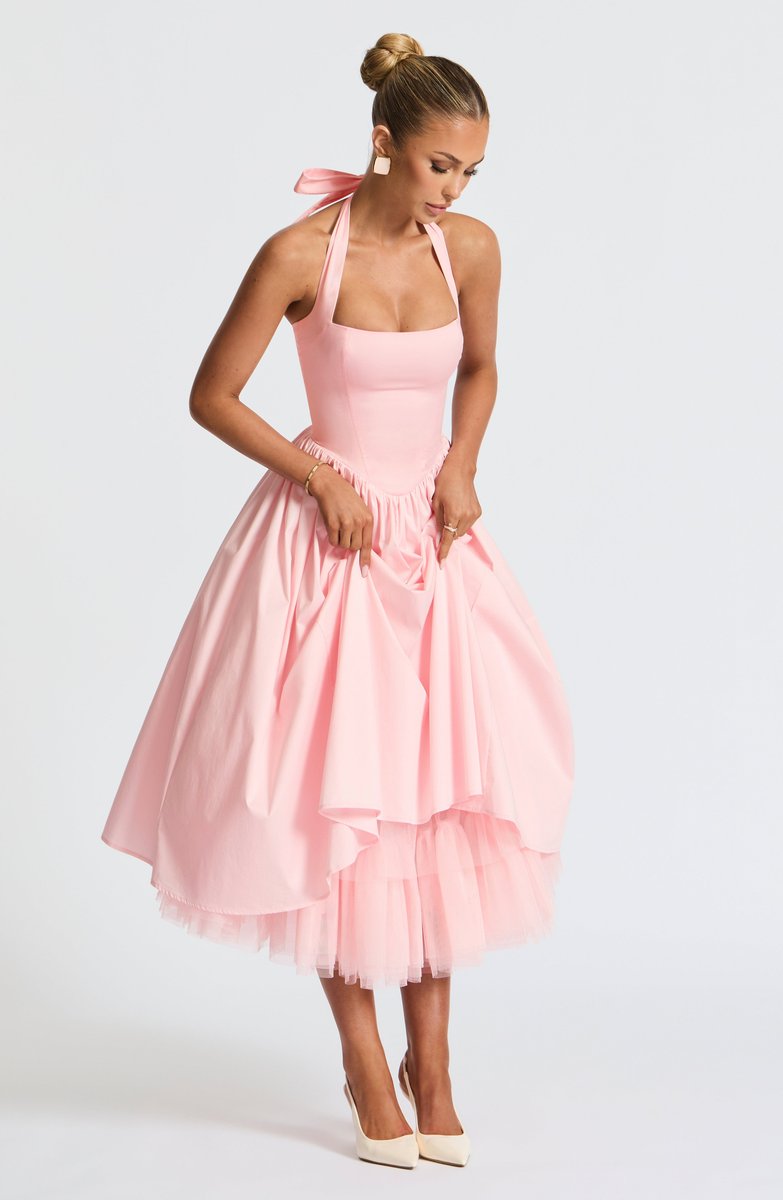 Women's Halter Neck A-Line Midi Fall Wedding Guest Dress