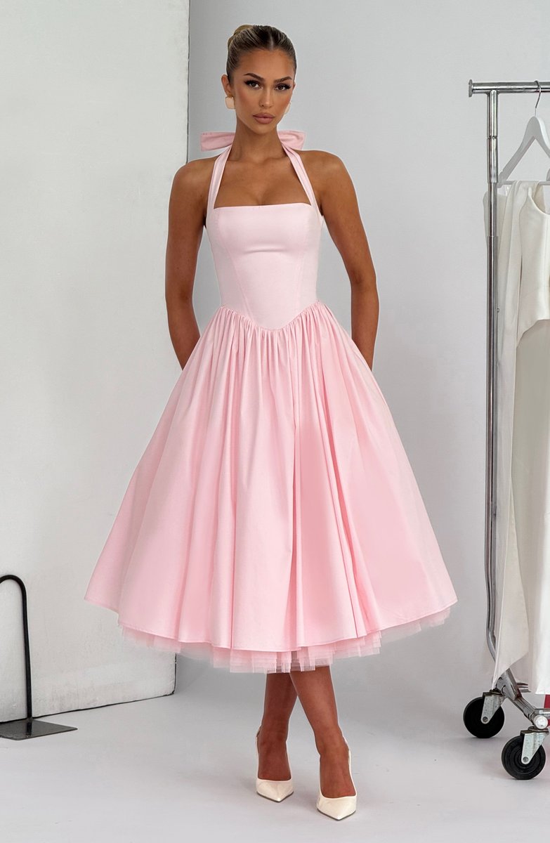 Women's Halter Neck A-Line Midi Fall Wedding Guest Dress
