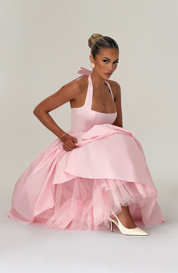 Women's Halter Neck A-Line Midi Fall Wedding Guest Dress