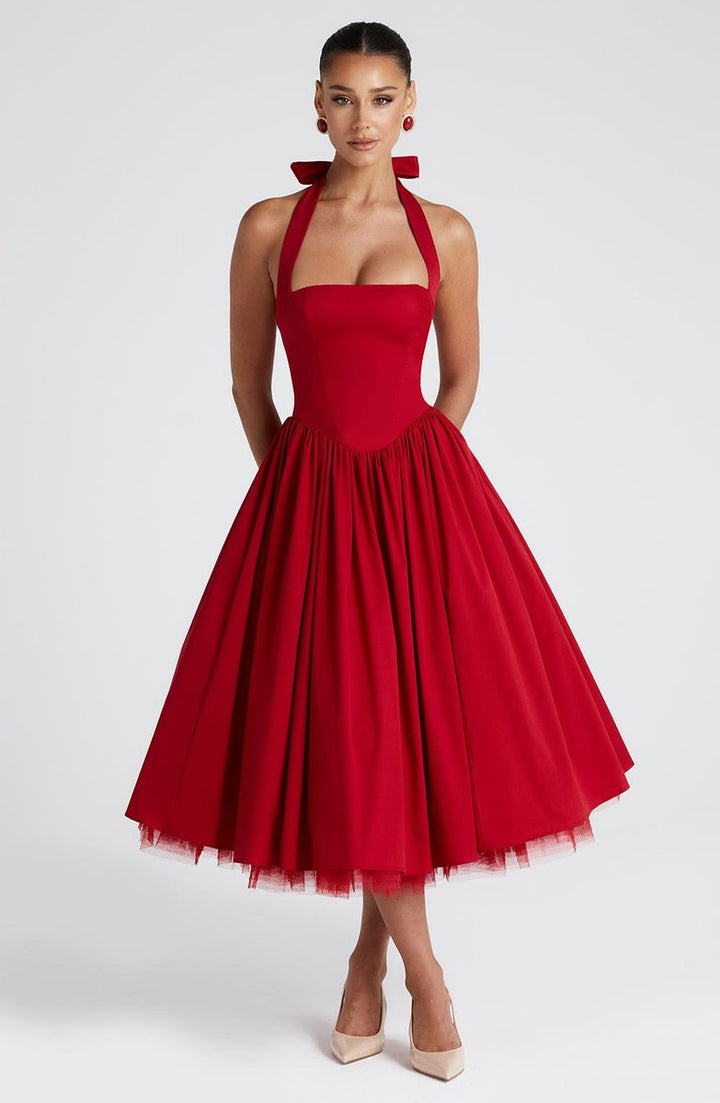 Women's Halter Neck A-Line Midi Fall Wedding Guest Dress