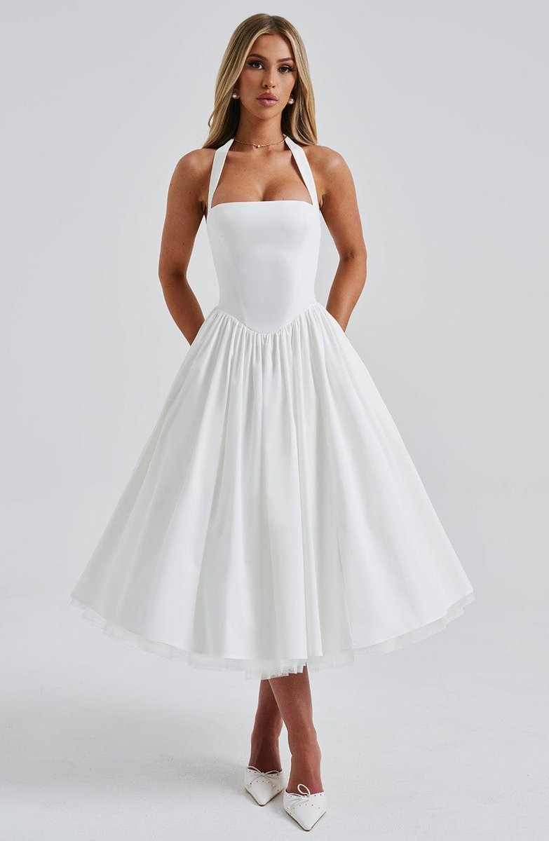 Women's Halter Neck A-Line Midi Fall Wedding Guest Dress