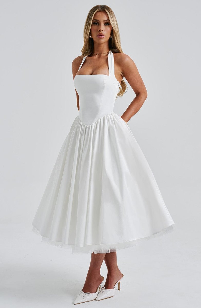 Women's Halter Neck A-Line Midi Fall Wedding Guest Dress
