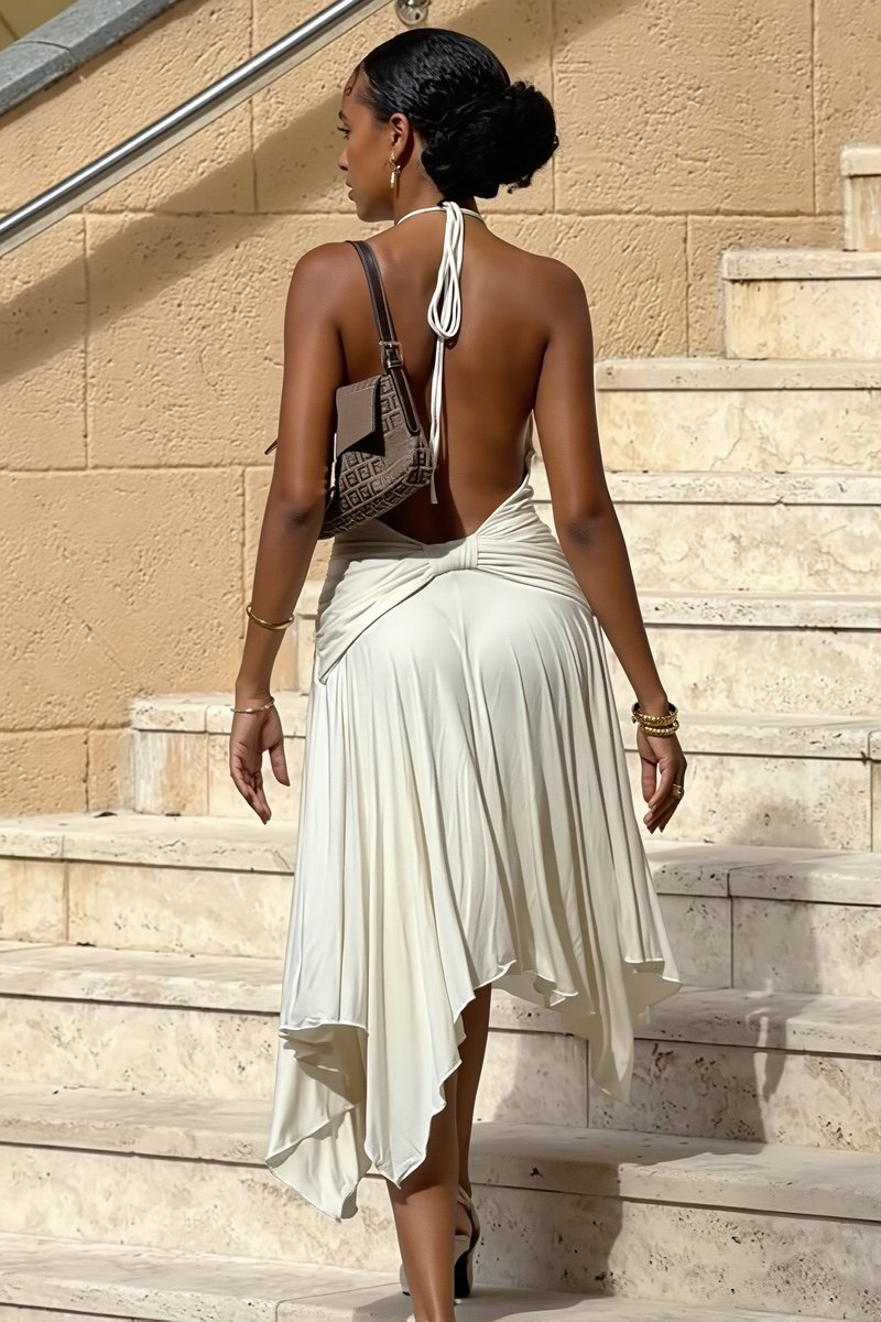 Women's Halter Neck Asymmetric Midi Fall Wedding Guest Dress