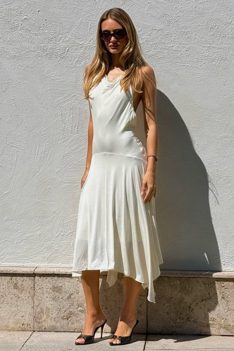 Women's Halter Neck Asymmetric Midi Fall Wedding Guest Dress