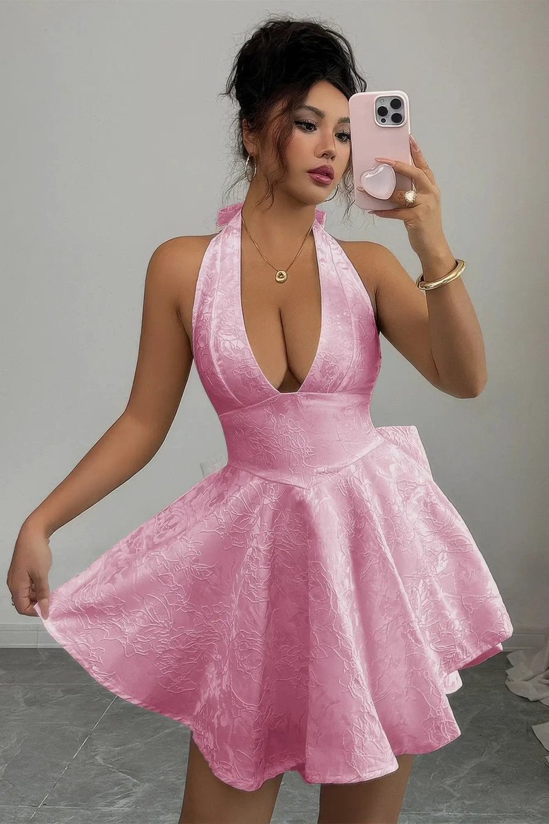 Women's Halter Neck Deep V-Cut Fall Wedding Guest Dress Floral Jacquard