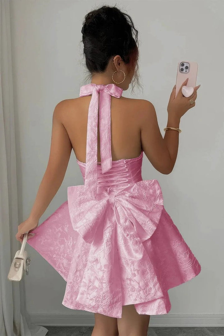 Women's Halter Neck Deep V-Cut Fall Wedding Guest Dress Floral Jacquard