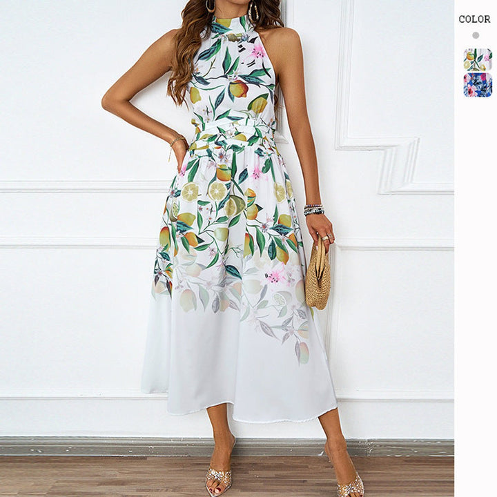 Women's Halter-Neck Floral Asymmetric-Hem Fall Midi Dress