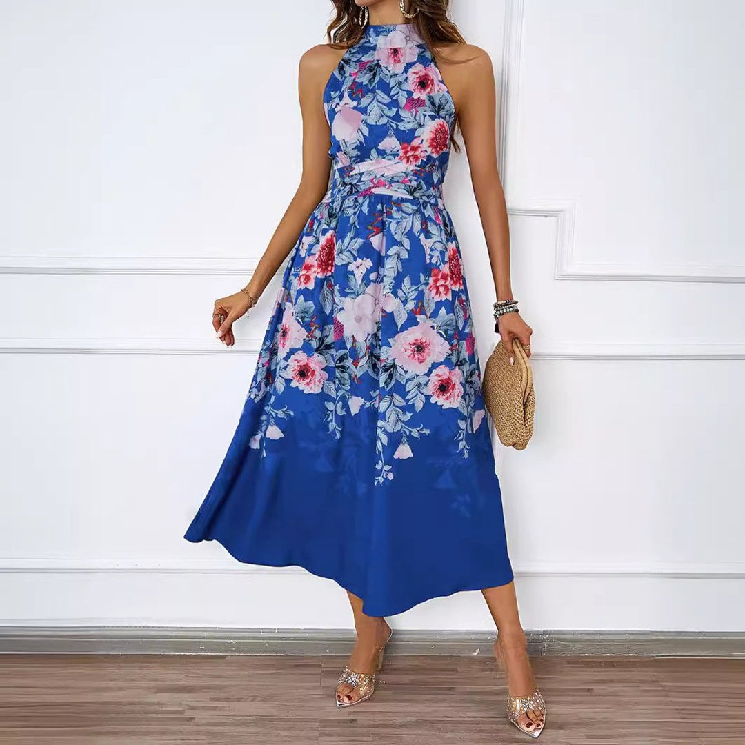 Women's Halter-Neck Floral Asymmetric-Hem Fall Midi Dress