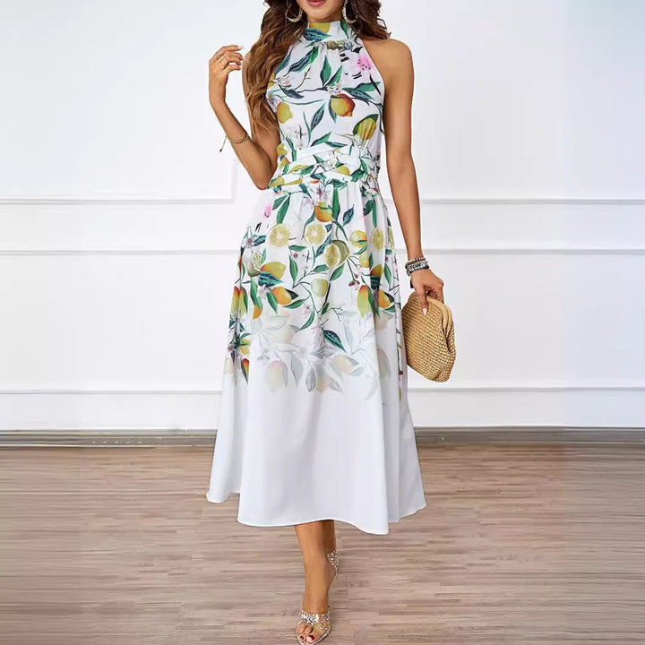 Women's Halter-Neck Floral Asymmetric-Hem Fall Midi Dress