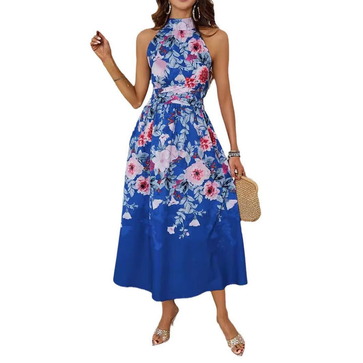 Women's Halter-Neck Floral Asymmetric-Hem Fall Midi Dress