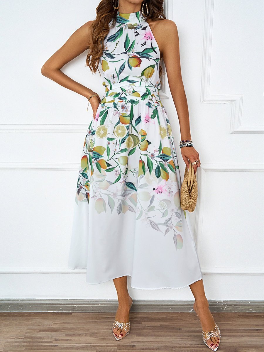 Women's Halter-Neck Floral Asymmetric-Hem Fall Midi Dress