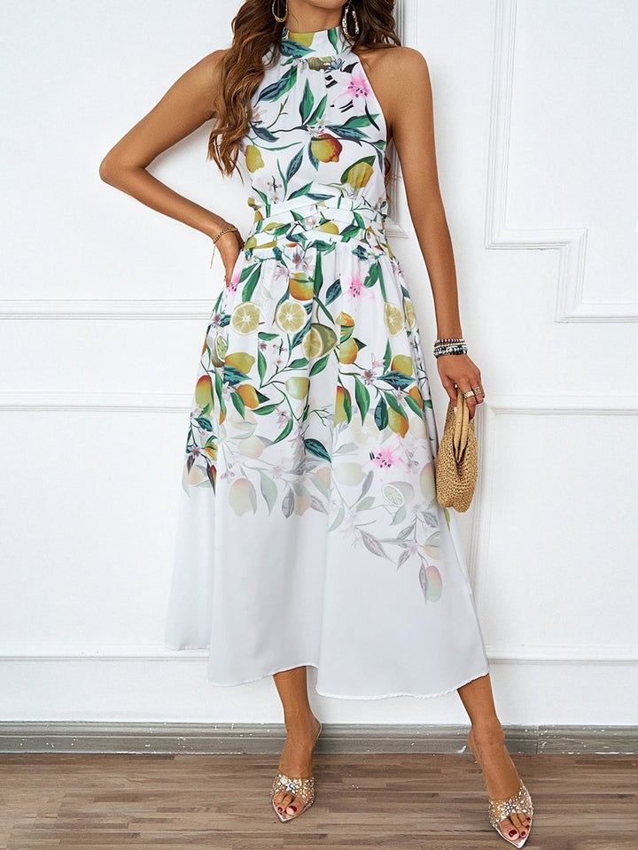 Women's Halter-Neck Floral Asymmetric-Hem Fall Midi Dress