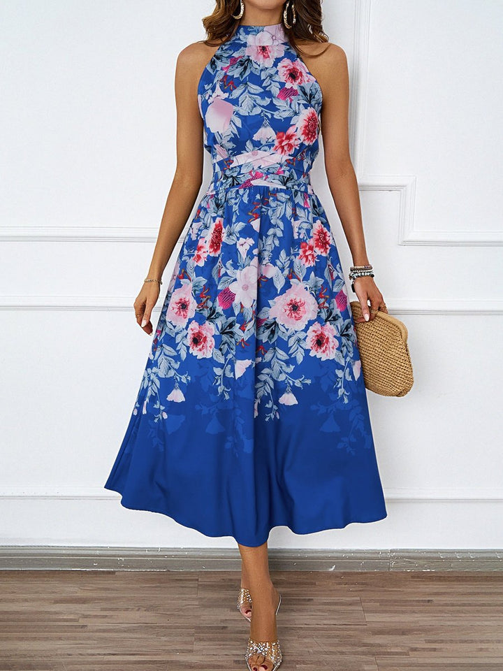 Women's Halter-Neck Floral Asymmetric-Hem Fall Midi Dress