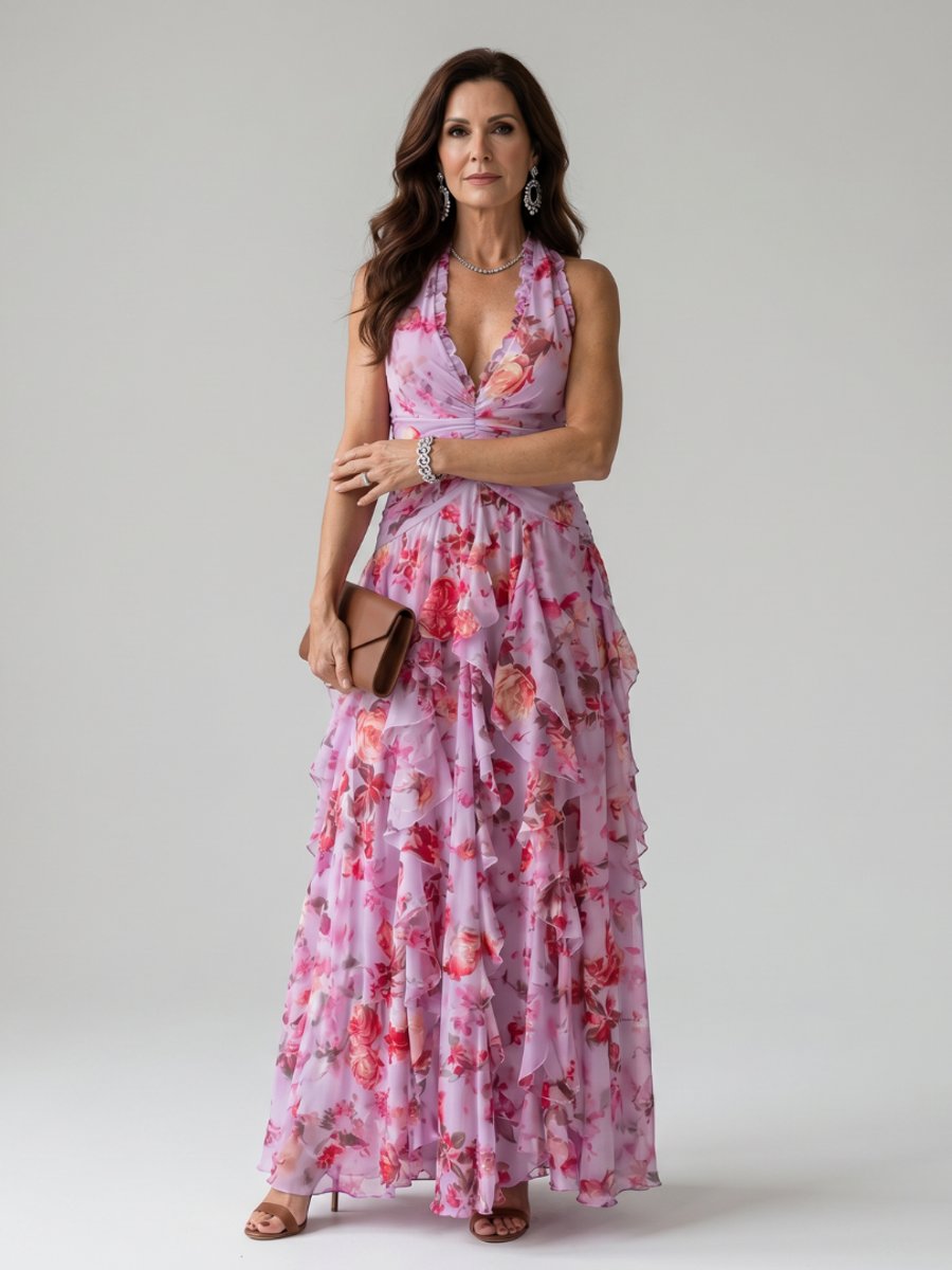 Women's Halter-Neck Floral Chiffon Tiered Formal Dress Maxi Gown