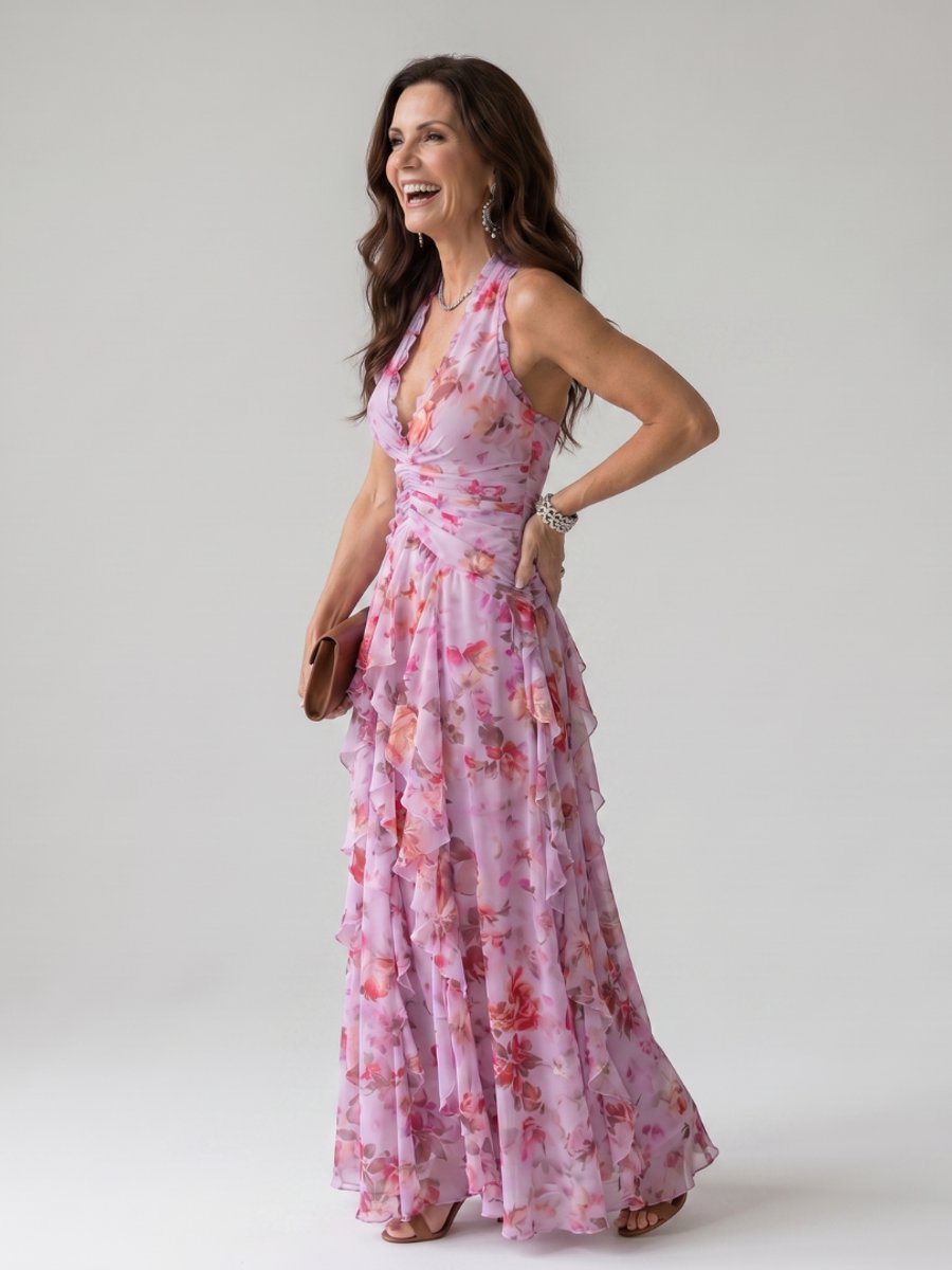 Women's Halter-Neck Floral Chiffon Tiered Formal Dress Maxi Gown