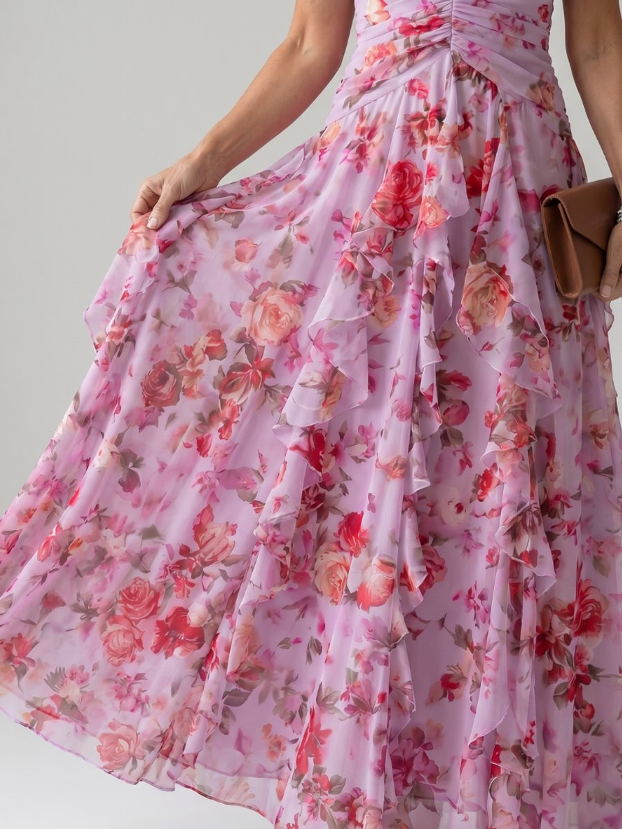 Women's Halter-Neck Floral Chiffon Tiered Formal Dress Maxi Gown