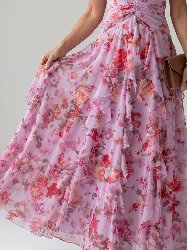 Women's Halter-Neck Floral Chiffon Tiered Formal Dress Maxi Gown