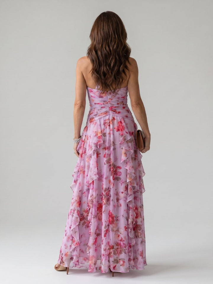 Women's Halter-Neck Floral Chiffon Tiered Formal Dress Maxi Gown