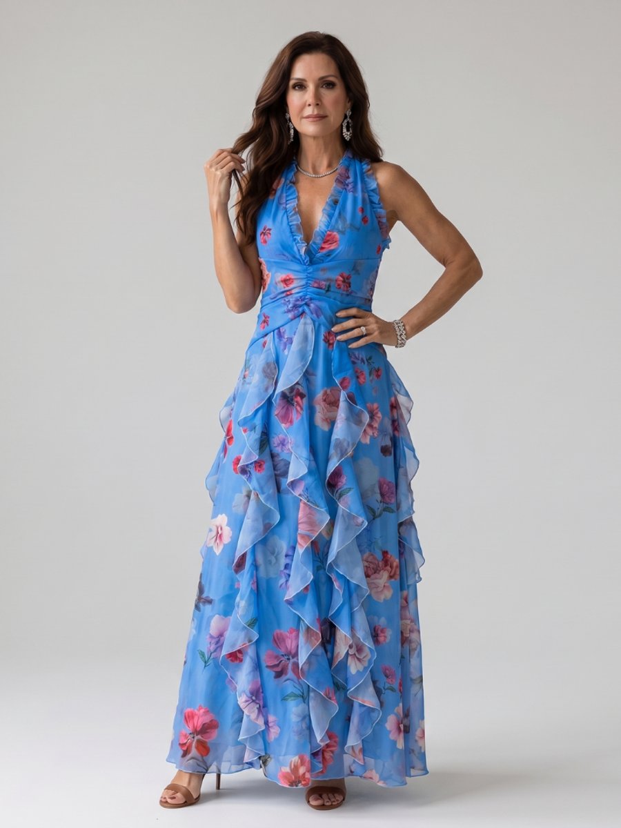 Women's Halter-Neck Floral Chiffon Tiered Formal Dress Maxi Gown